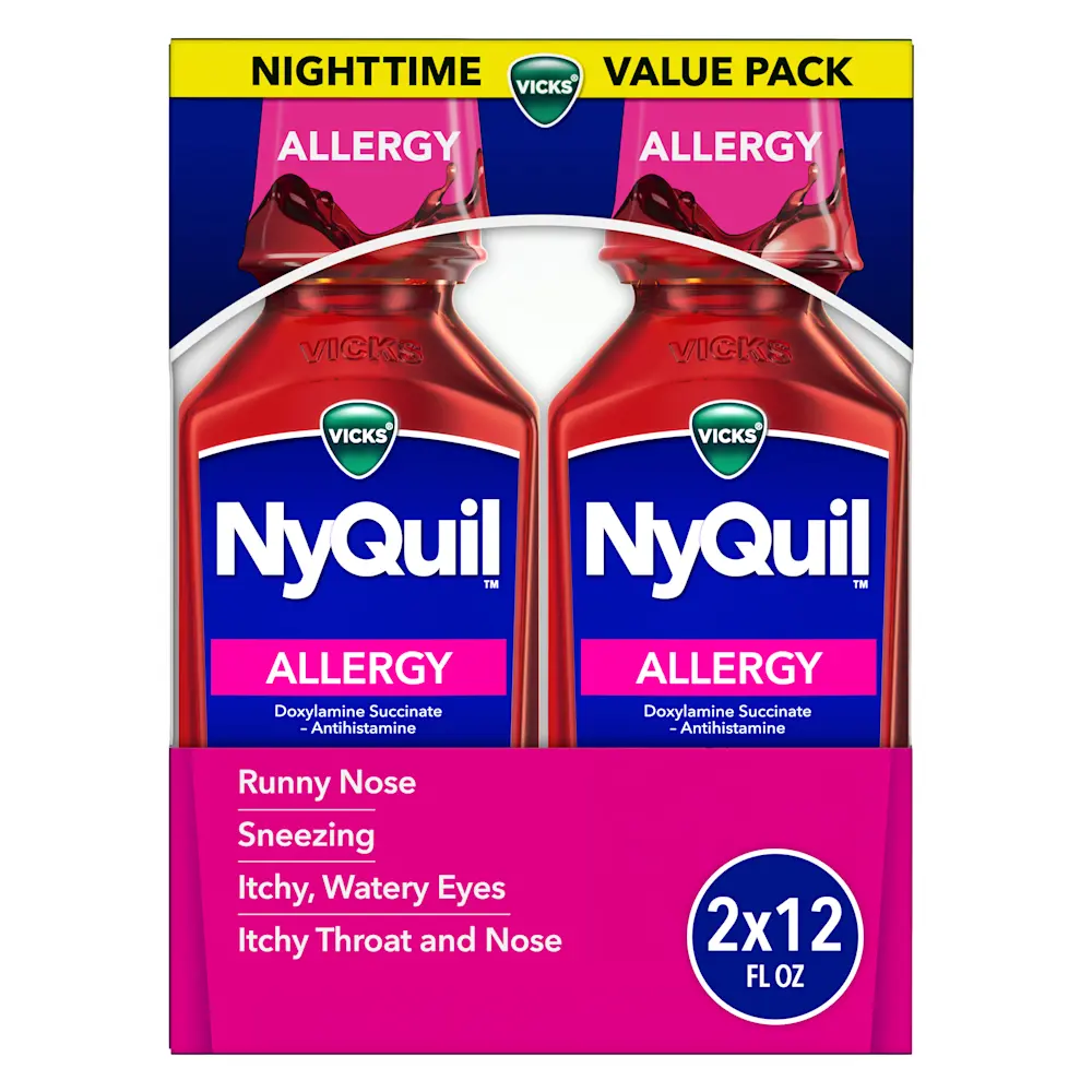 Vicks NyQuil Allergy Nighttime Value Pack with two red bottles of liquid medication, 2x12 fl oz, for allergy symptom relief.