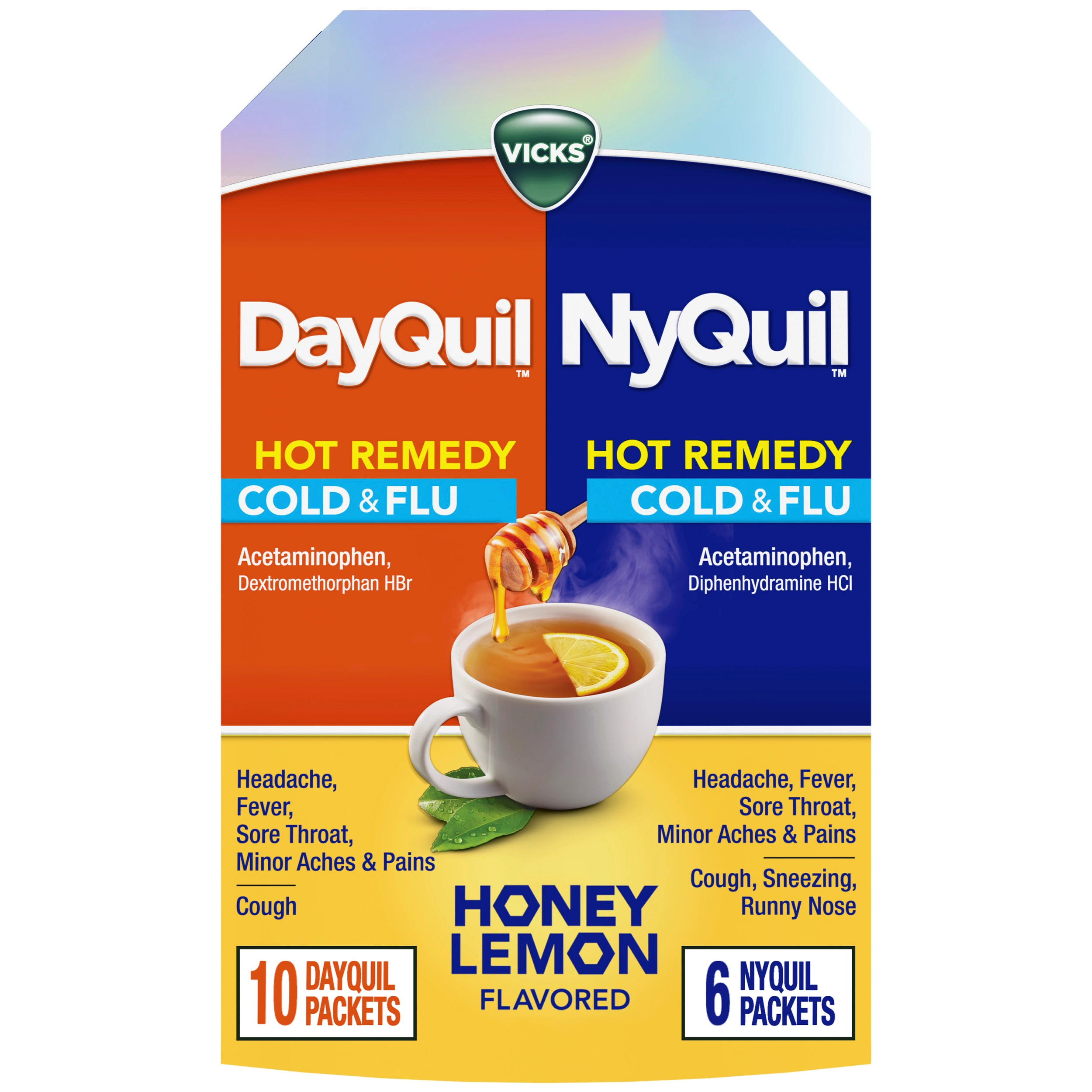 Vicks DayQuil and NyQuil Hot Remedy Cold & Flu medicine box with honey lemon flavor, showing 10 day and 6 night packets.
