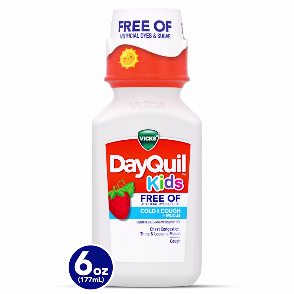 A bottle of Vicks DayQuil Kids free of artificial dyes & sugar cold & cough + mucus liquid medicine with "6 OZ 177 ml" in an blue circle at the bottom of the bottle on a white background.