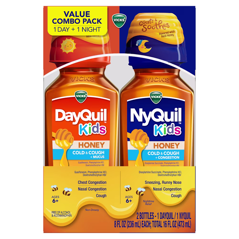 Vicks DayQuil and NyQuil Kids honey-flavored cold medicine combo pack with day and night formulas for children 6+.