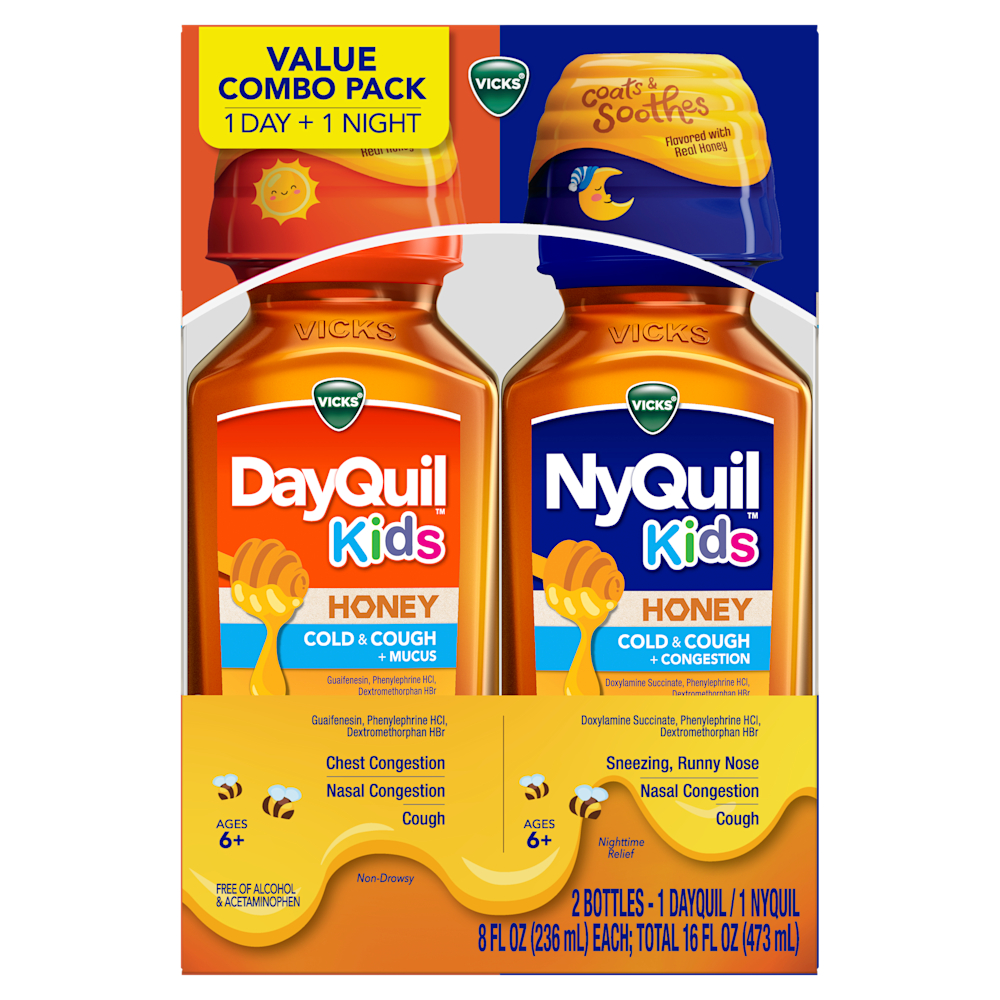 Vicks DayQuil and NyQuil Kids honey-flavored cold medicine combo pack with day and night formulas for children 6+.