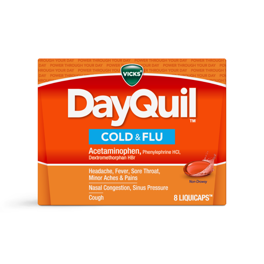 Vicks DayQuil Cold & Flu medicine box in orange packaging, containing 8 non-drowsy liquicaps for symptom relief.