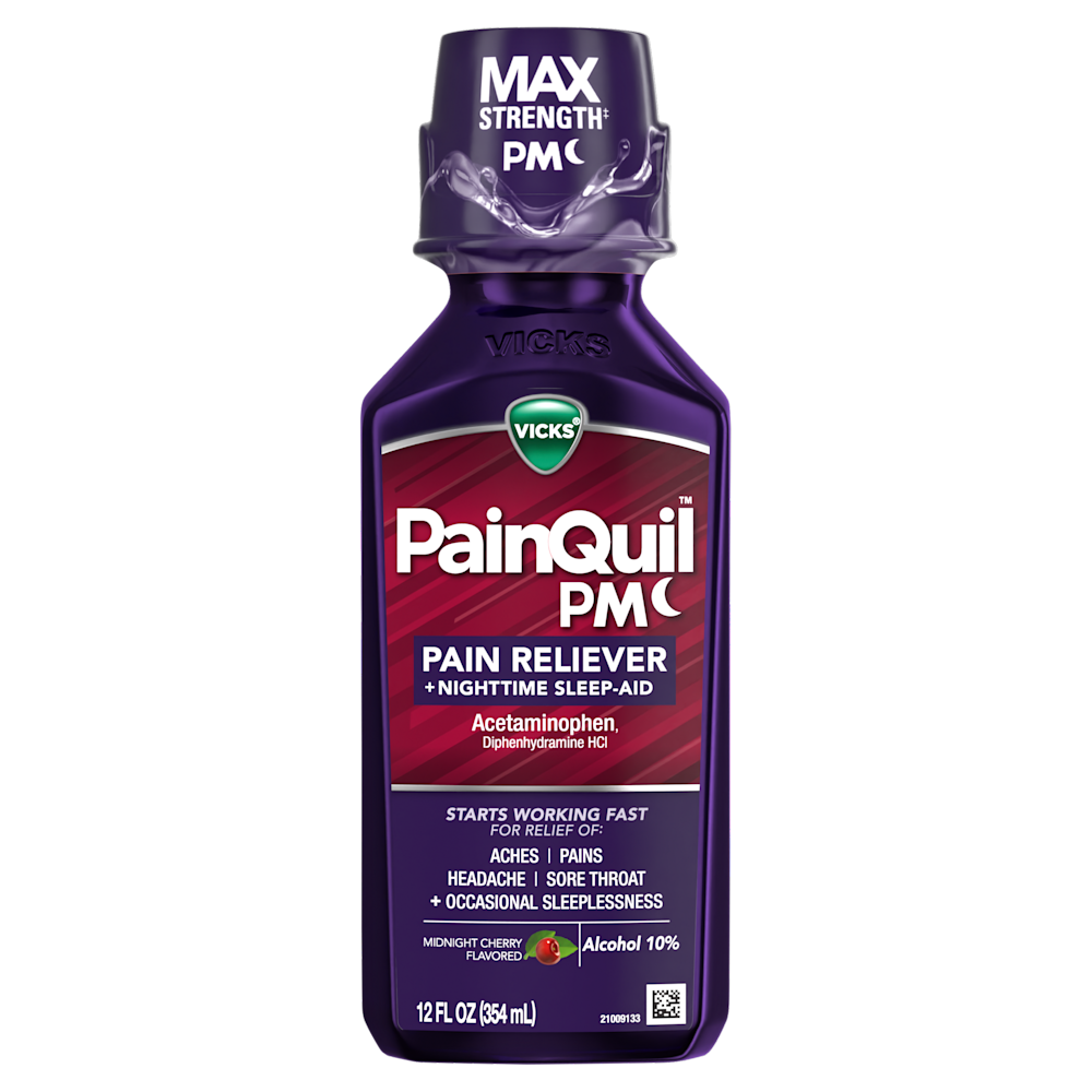 Purple bottle of Vicks PainQuil PM pain reliever and sleep aid in Midnight Cherry flavor, 12 fl oz.