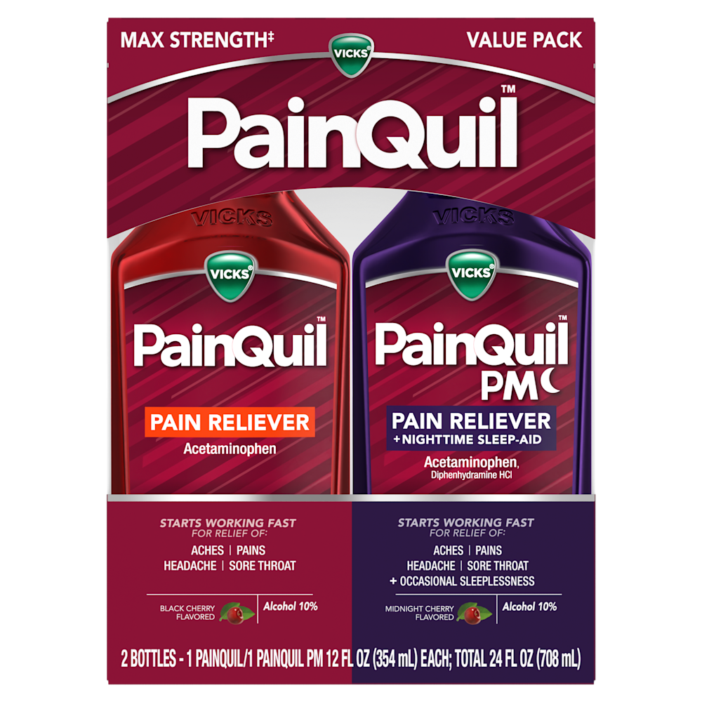 Vicks PainQuil Max Strength value pack with two bottles - regular pain reliever and PM nighttime formula with sleep aid.