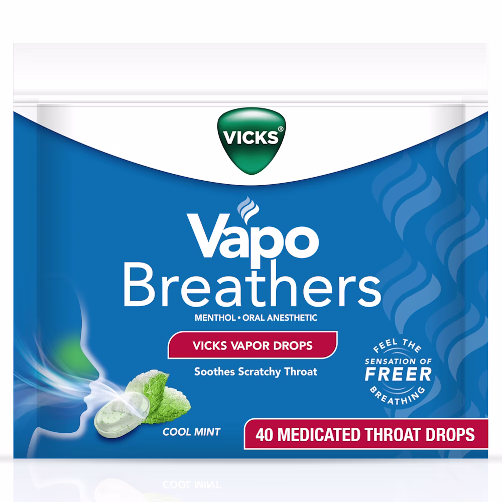 Vicks VapoBreathers Cool Mint throat drops package containing 40 medicated drops for soothing scratchy throat.