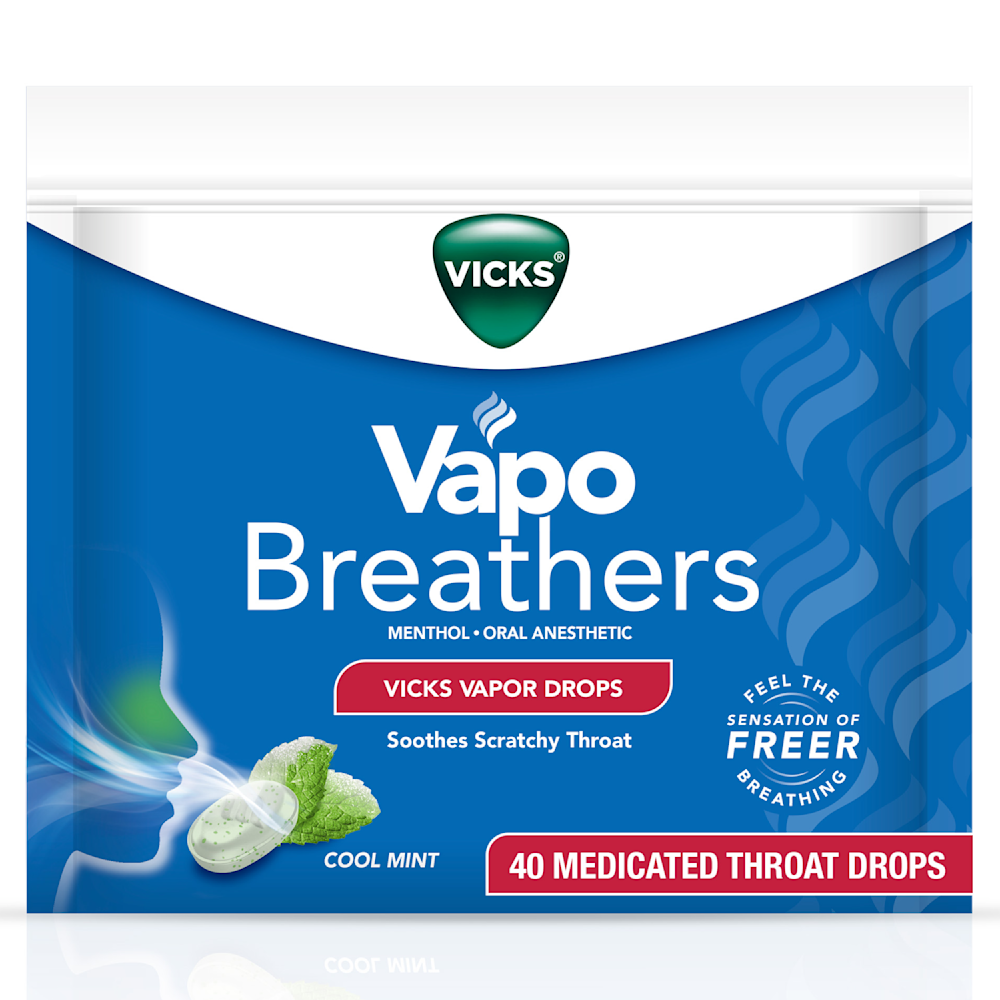 Vicks VapoBreathers Cool Mint throat drops package containing 40 medicated drops for soothing scratchy throat.