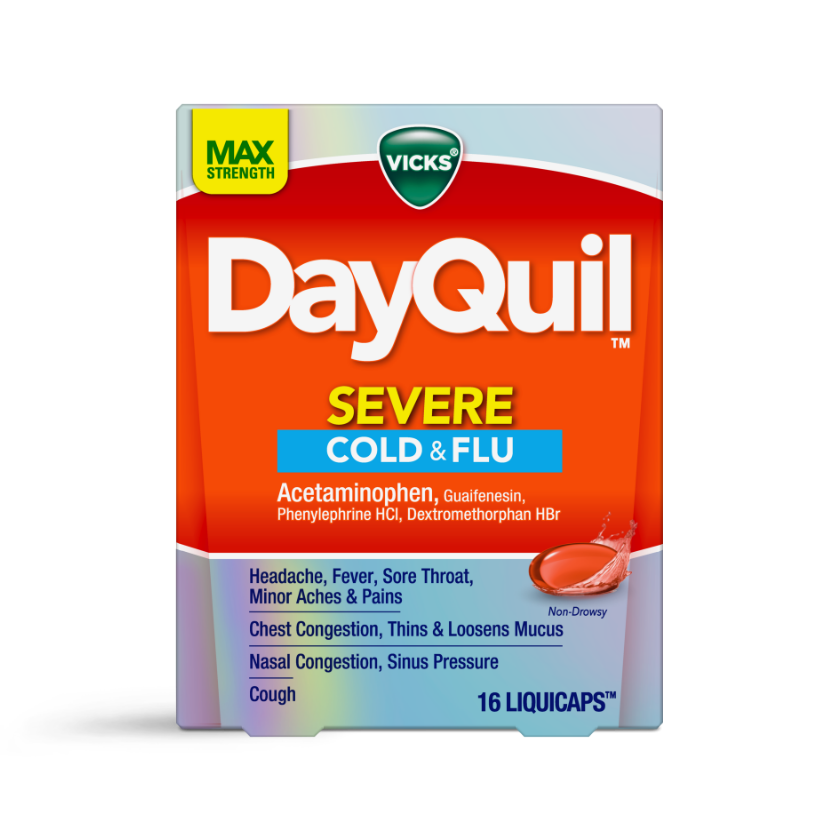 Vicks DayQuil Severe Cold & Flu medicine box, orange packaging with 16 non-drowsy liquicaps for multiple symptoms.