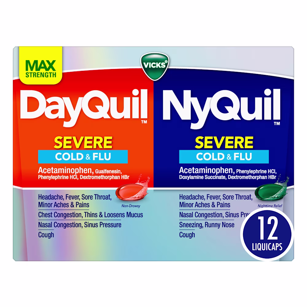 Vicks DayQuil and NyQuil Severe Cold & Flu medication box 12 liquicaps with daytime and nighttime formulas.