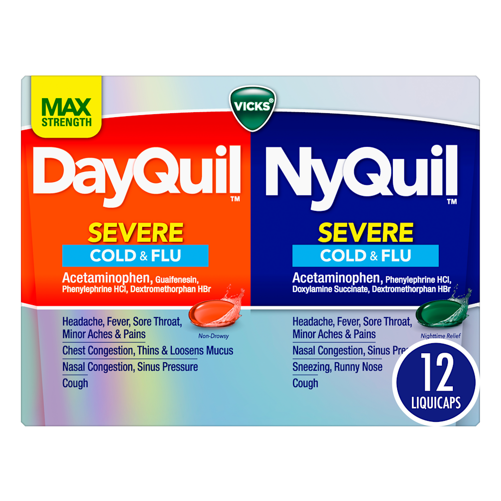 Vicks DayQuil and NyQuil Severe Cold & Flu medication box 12 liquicaps with daytime and nighttime formulas.