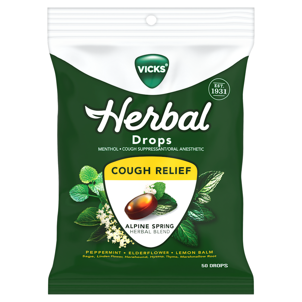Vicks Herbal Drops package for cough relief featuring Alpine Spring blend with menthol and herbs, 50 count bag.