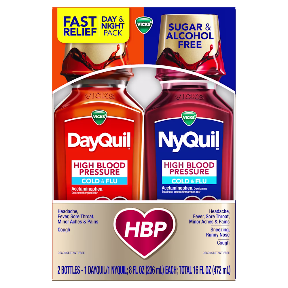 Vicks DayQuil and NyQuil High Blood Pressure cold medicine package featuring sugar-free formula and day & night relief.