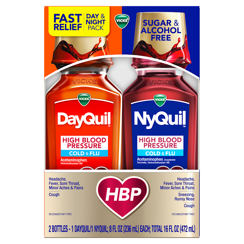 Vicks DayQuil and NyQuil High Blood Pressure cold medicine package featuring sugar-free formula and day & night relief.