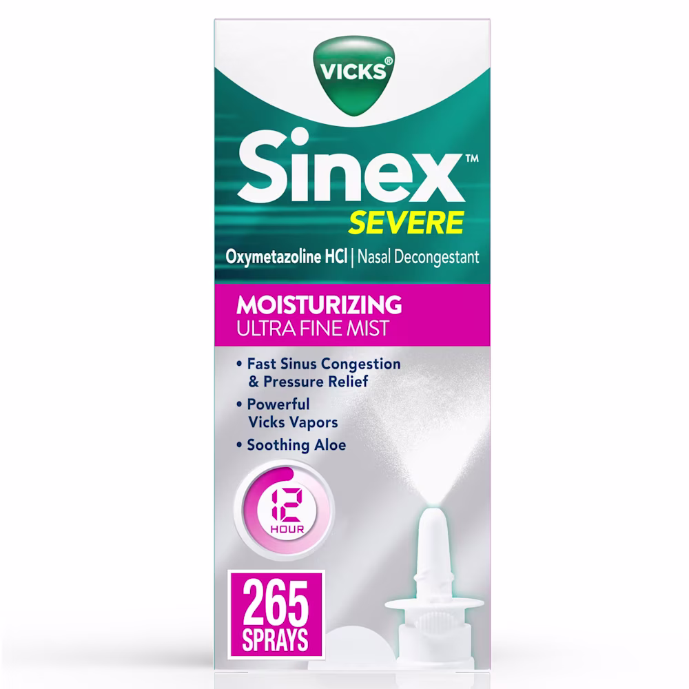 Vicks Sinex Severe nasal decongestant packaging showing moisturizing ultra fine mist with 12-hour relief and 265 sprays.