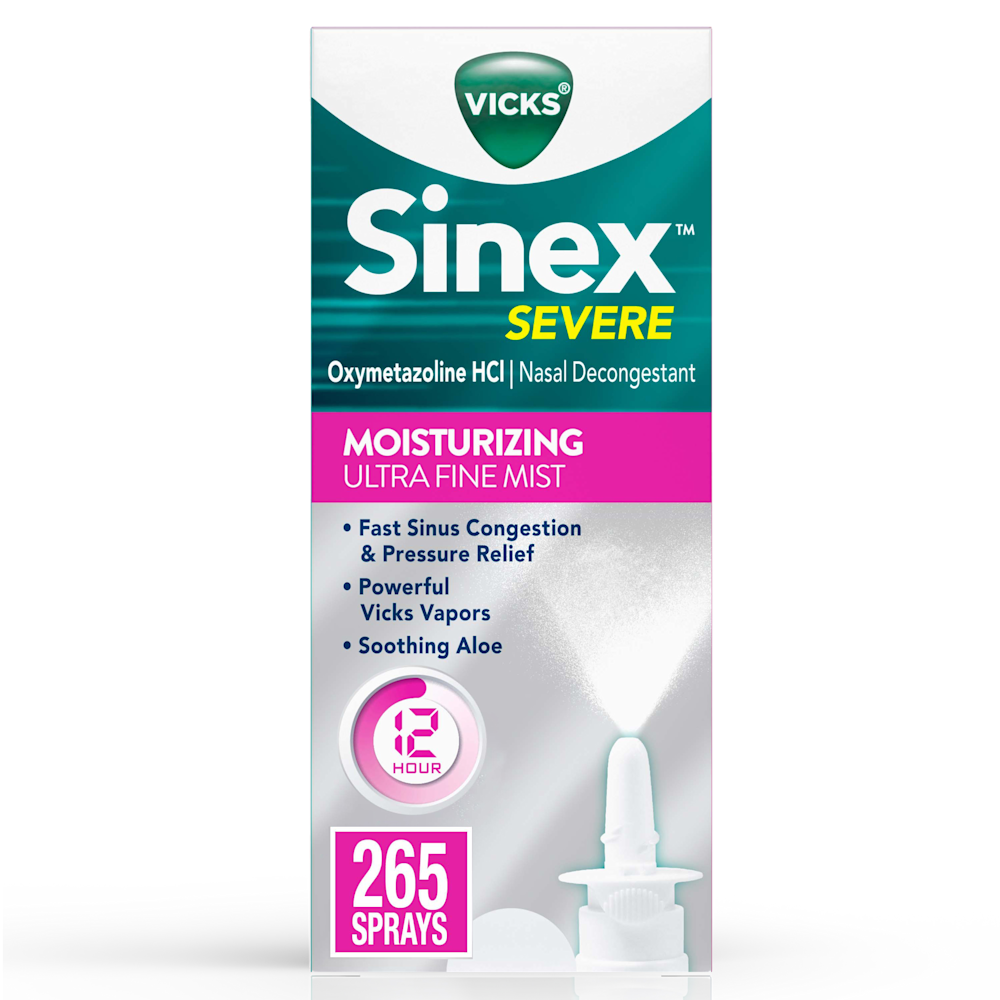 Vicks Sinex Severe nasal decongestant packaging showing moisturizing ultra fine mist with 12-hour relief and 265 sprays.