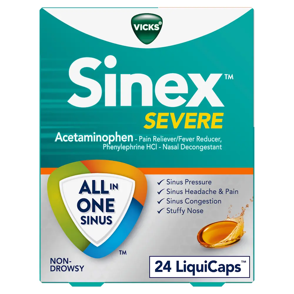 Vicks Sinex Severe medication box featuring 24 LiquiCaps for sinus relief with acetaminophen and phenylephrine HCl.