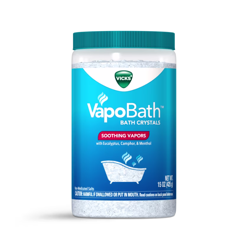 Vicks VapoBath bath crystals container with soothing vapors featuring eucalyptus, camphor, and menthol, 15 oz.