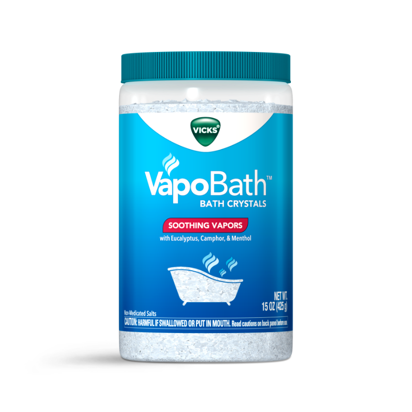 Vicks VapoBath bath crystals container with soothing vapors featuring eucalyptus, camphor, and menthol, 15 oz.