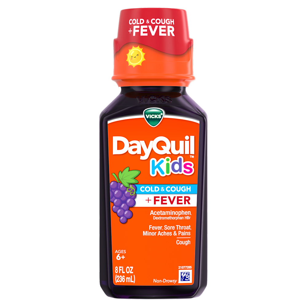 Vicks DayQuil Kids Cold & Cough + Fever medicine bottle with grape flavor, 8 fl oz, for ages 6+.