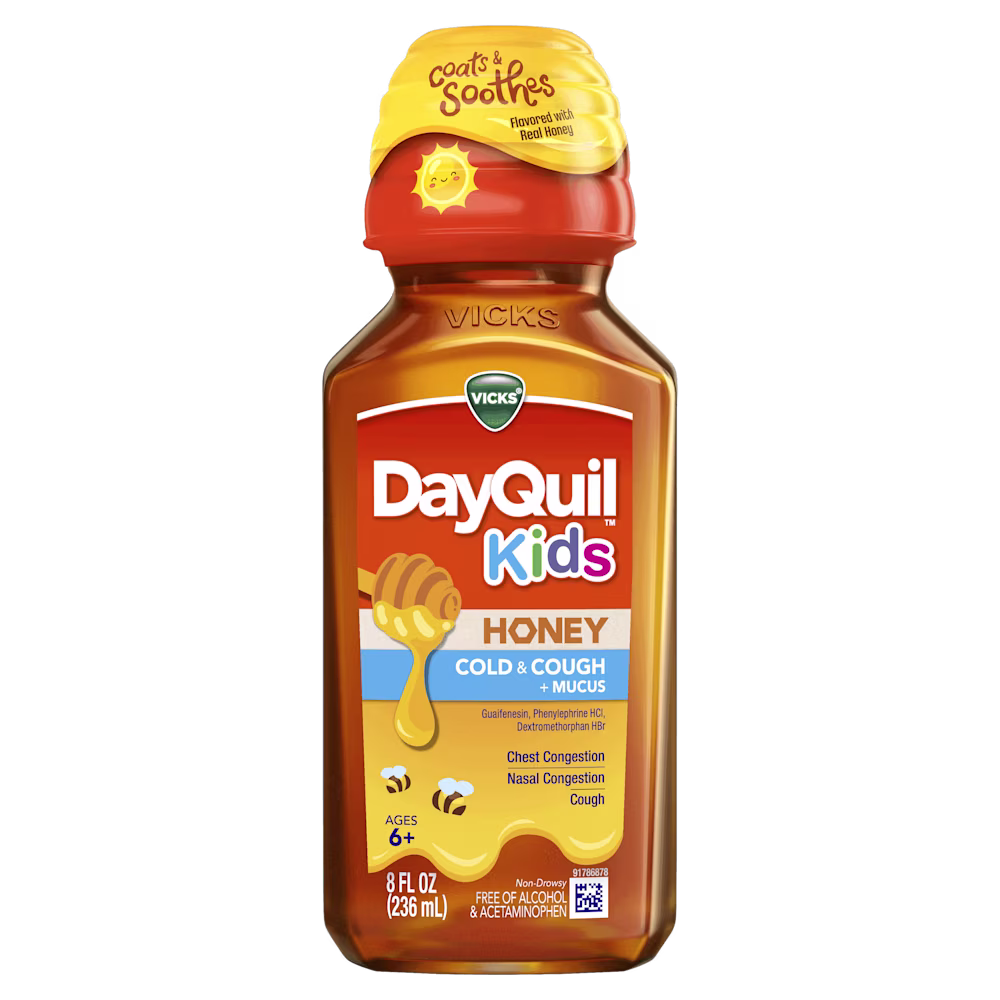 Vicks DayQuil Kids honey-flavored cold and cough medicine bottle with yellow cap, for ages 6+.