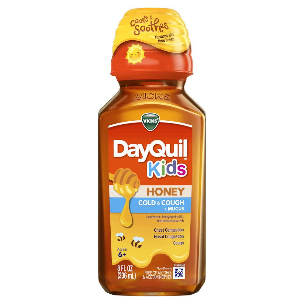 Vicks DayQuil Kids honey-flavored cold and cough medicine bottle with yellow cap, for ages 6+.