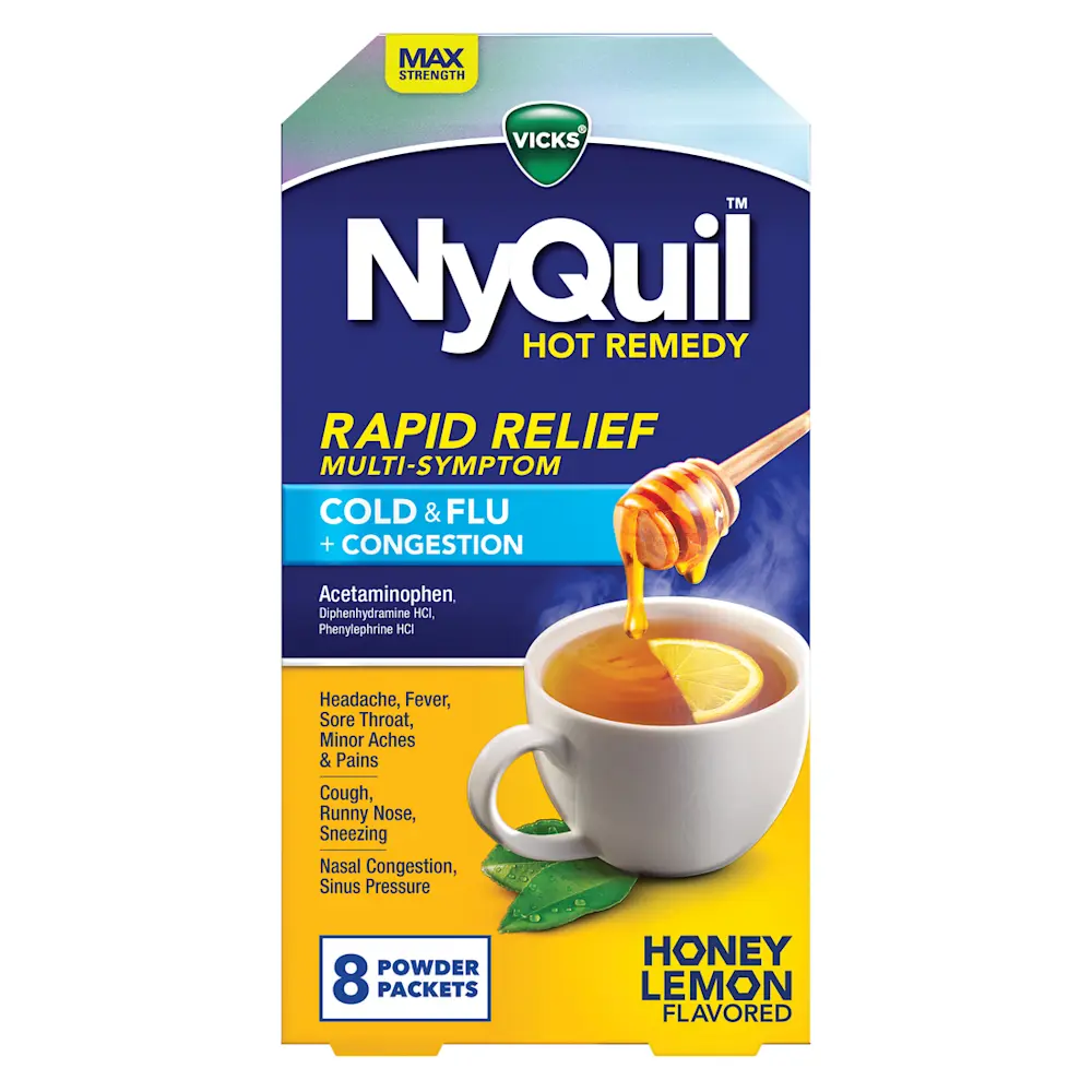 Vicks NyQuil Hot Remedy box with honey lemon flavor, showing tea cup with honey dripping from dipper, contains 8 powder packets.
