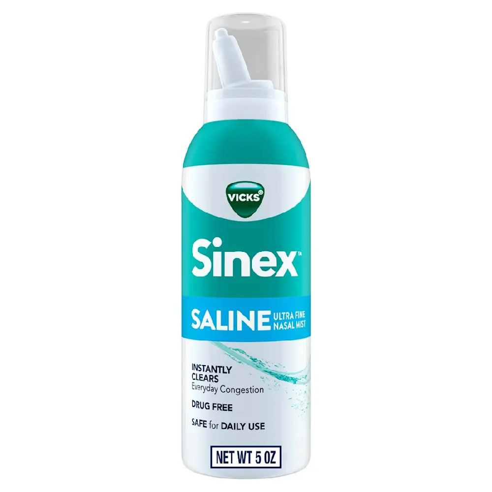 Vicks Sinex Saline Ultra Fine Nasal Mist bottle, teal and white, drug-free congestion relief, 5 oz size.