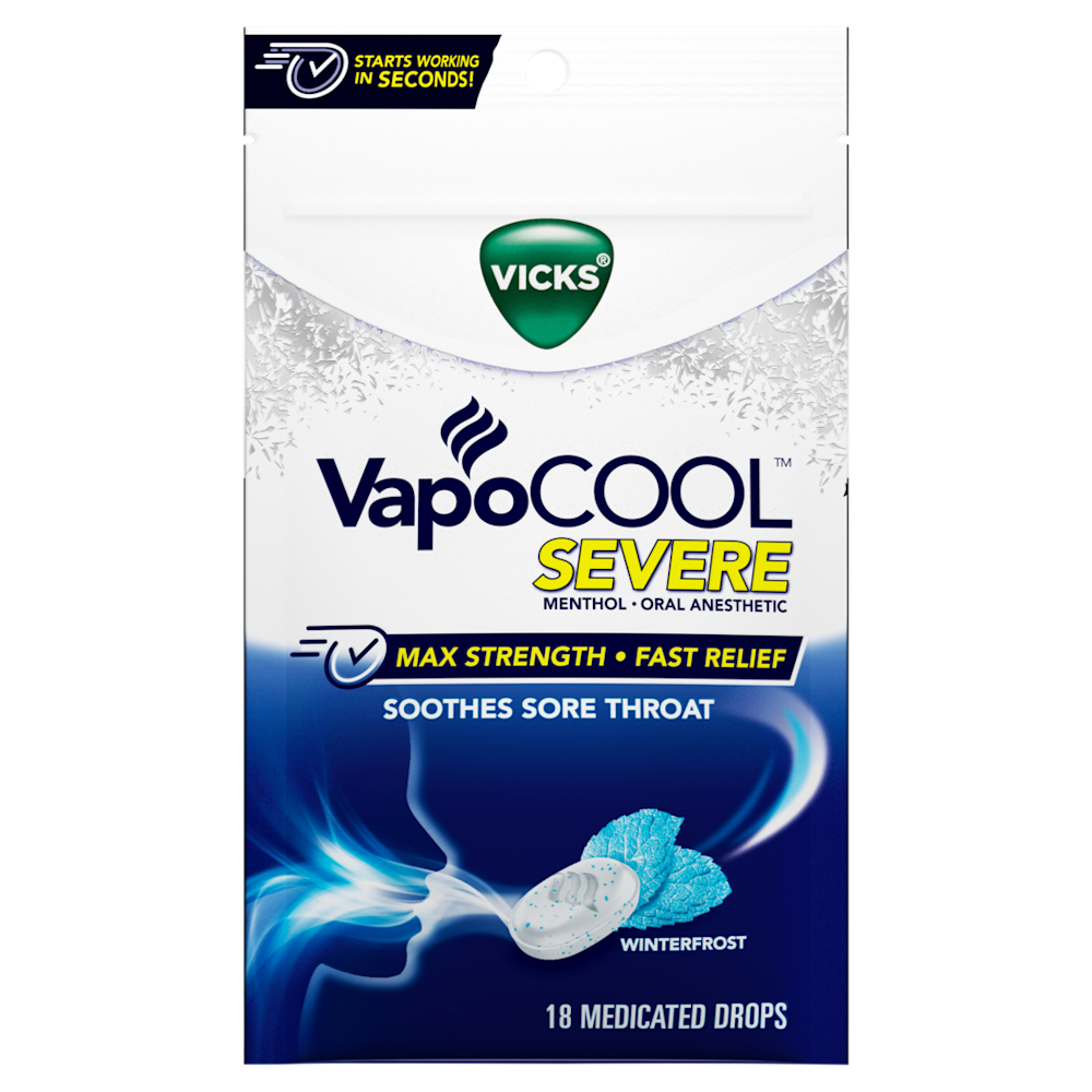 Vicks VapoCOOL SEVERE package of 18 medicated drops in Winterfrost flavor, offering max strength sore throat relief.