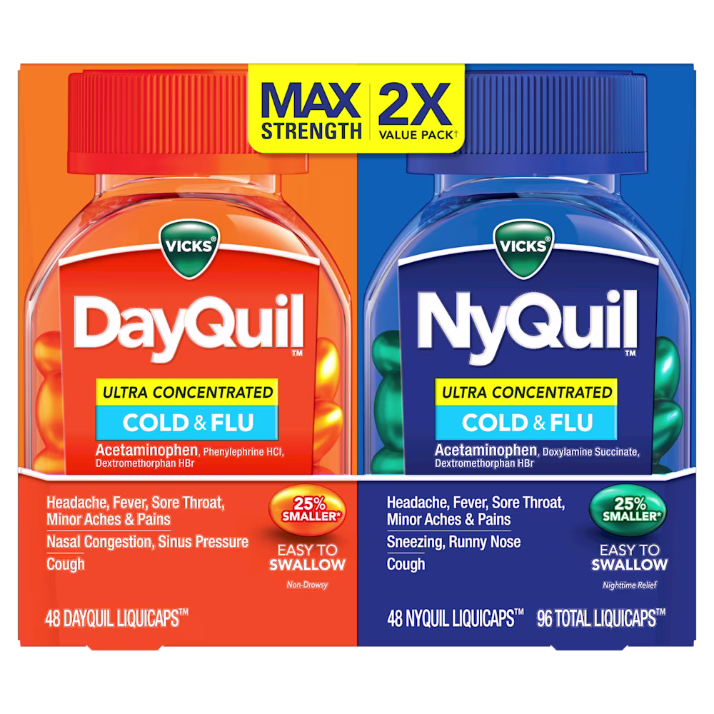 Vicks DayQuil and NyQuil cold & flu medicine value pack with orange and blue bottles containing 96 total LiquiCaps.