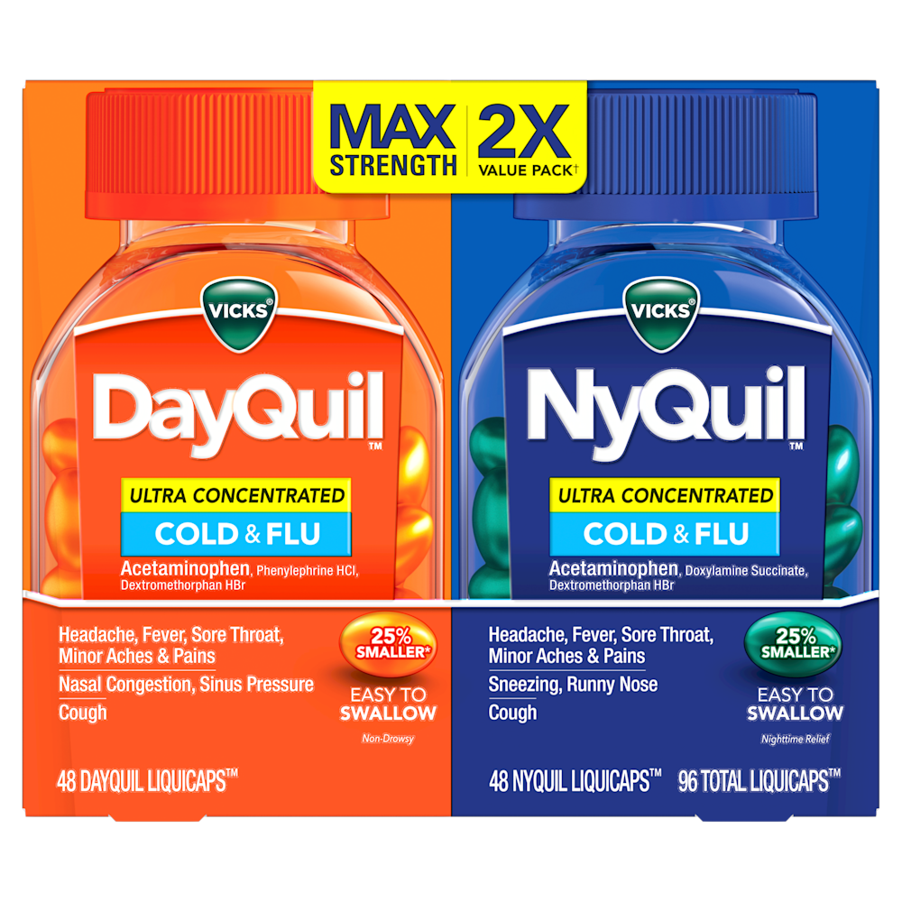 Vicks DayQuil and NyQuil cold & flu medicine value pack with orange and blue bottles containing 96 total LiquiCaps.