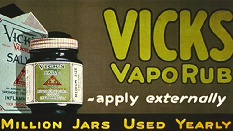 Vintage Vicks VapoRub advertisement showing product jar and packaging, priced at 35¢, with yellow text stating "Over 17 Million Jars Used Yearly"