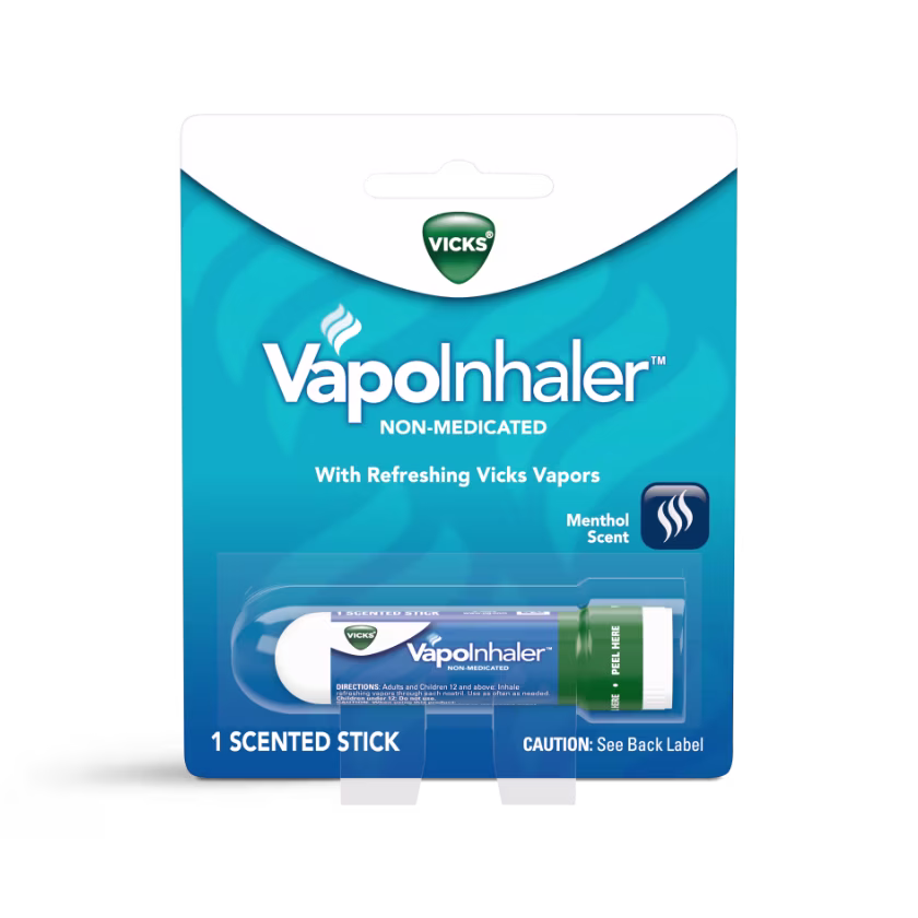 Vicks VapoInhaler non-medicated menthol scent product in blue packaging with one scented stick visible.