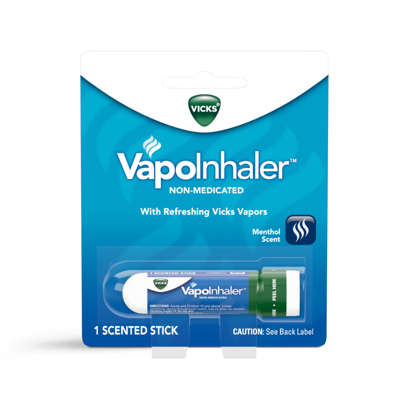 Vicks VapoInhaler non-medicated menthol scent product in blue packaging with one scented stick visible.