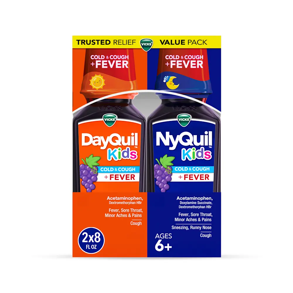 Vicks DayQuil and NyQuil Kids cold medicine value pack with orange daytime and blue nighttime bottles for ages 6+