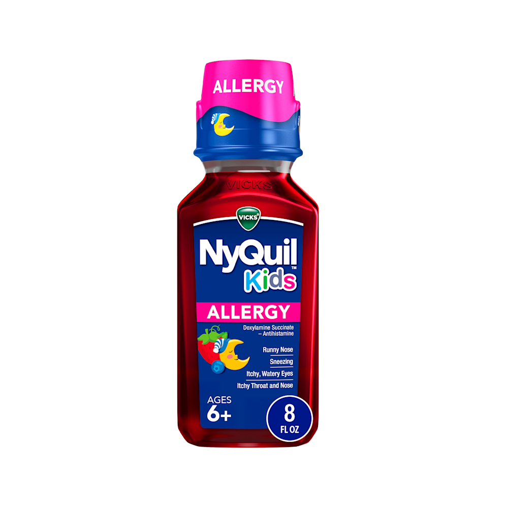 Bottle of Vicks NyQuil Kids Allergy medicine with pink and blue cap, red liquid, for ages 6+, 8 fl oz size.