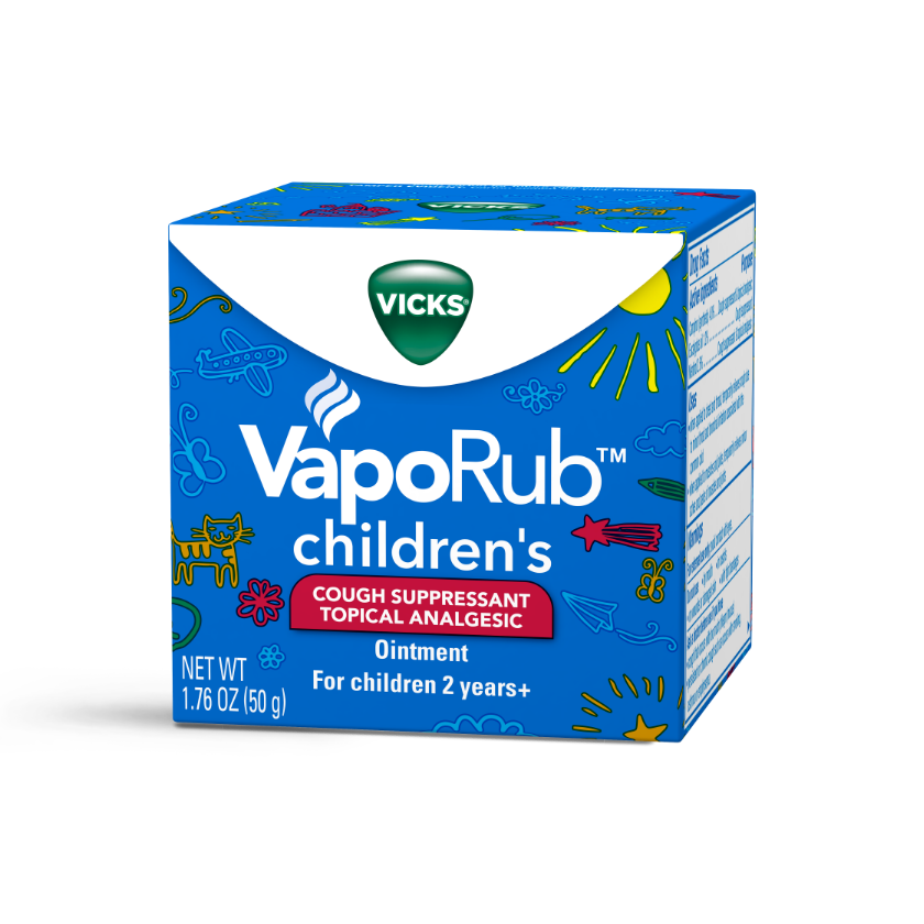 Package of Vicks VapoRub children's cough suppressant ointment with blue container and turquoise lid.