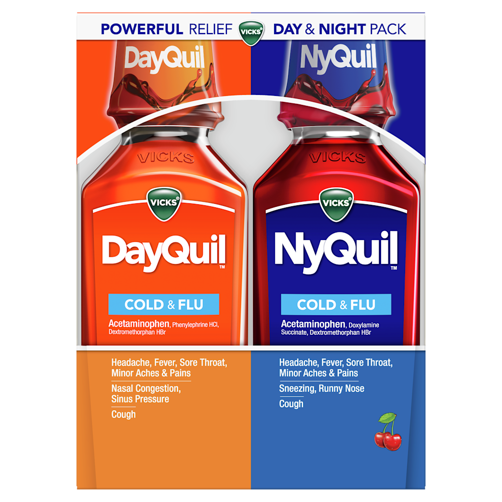 Vicks DayQuil and NyQuil cold & flu medicine bottles in orange and blue packaging, advertised as a day and night relief pack.