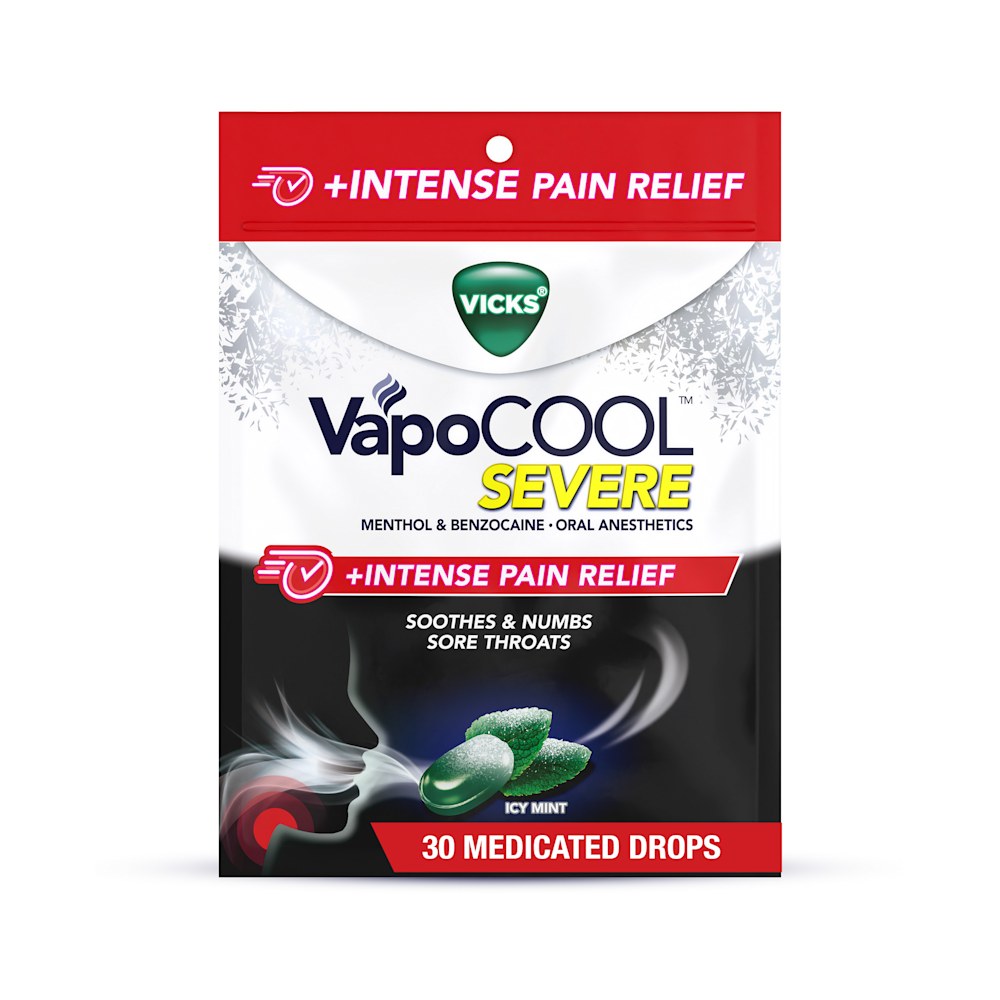 Vicks VapoCOOL SEVERE package of 30 medicated drops for intense sore throat pain relief, featuring icy mint flavor.