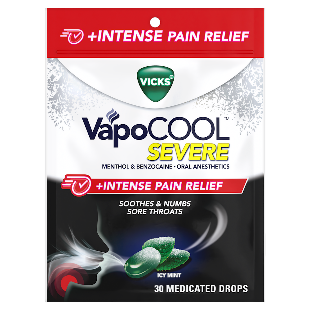 Vicks VapoCOOL SEVERE package of 30 medicated drops for intense sore throat pain relief, featuring icy mint flavor.