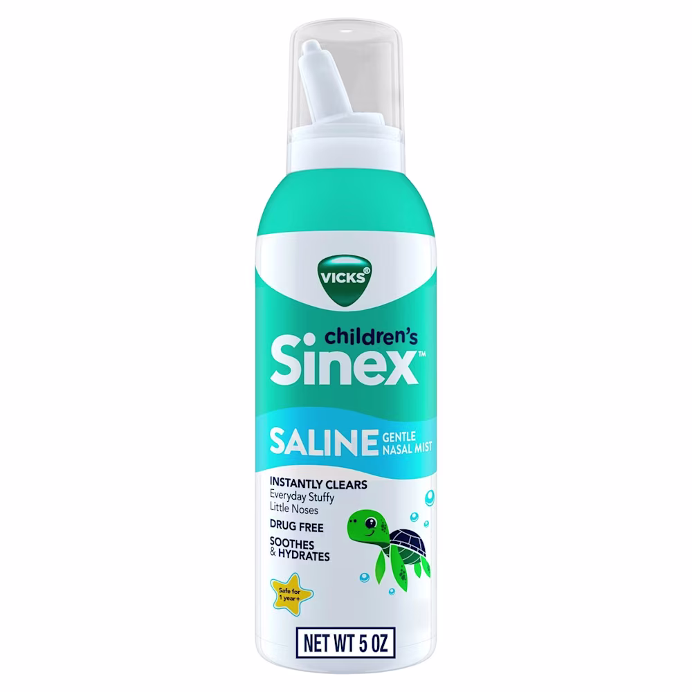 Vicks Children's Sinex Saline Gentle Nasal Mist bottle with teal accents and cartoon turtle, 5 oz, drug-free formula.