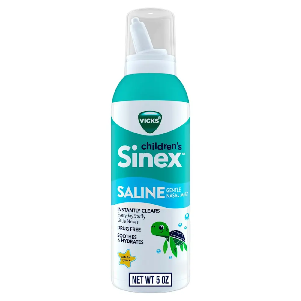 Vicks Children's Sinex Saline Gentle Nasal Mist bottle with teal accents and cartoon turtle, 5 oz, drug-free formula.