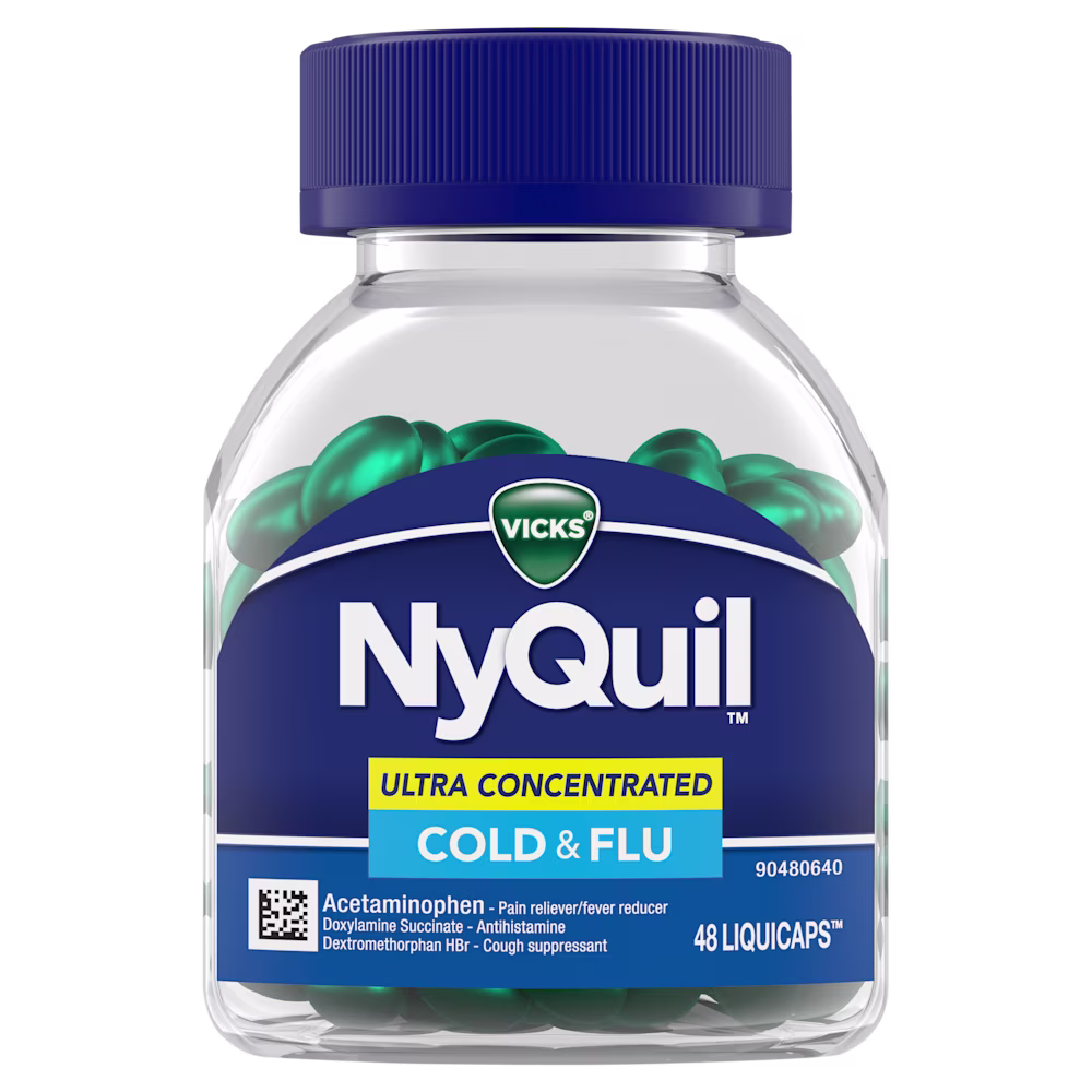 Clear bottle of Vicks NyQuil Ultra Concentrated Cold & Flu medication containing 48 green liquicaps with blue cap.