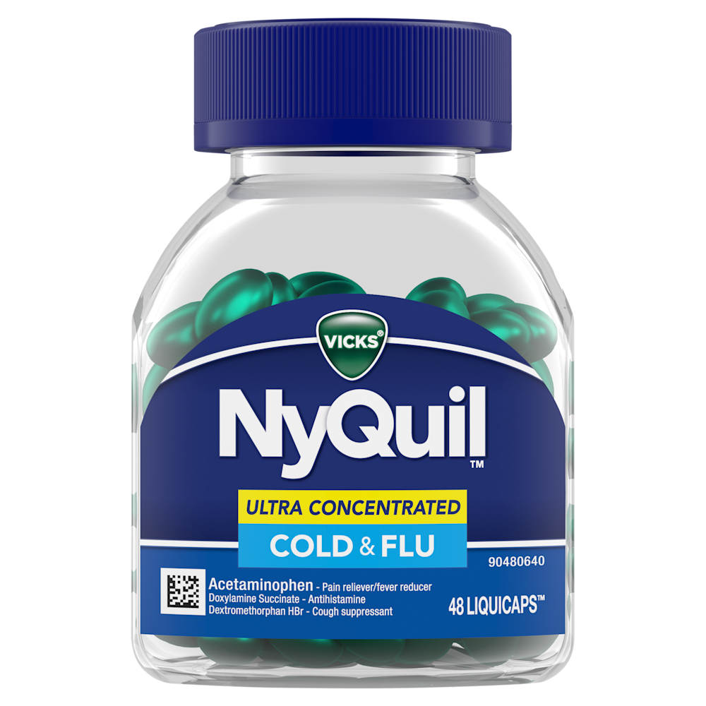 Clear bottle of Vicks NyQuil Ultra Concentrated Cold & Flu medication containing 48 green liquicaps with blue cap.