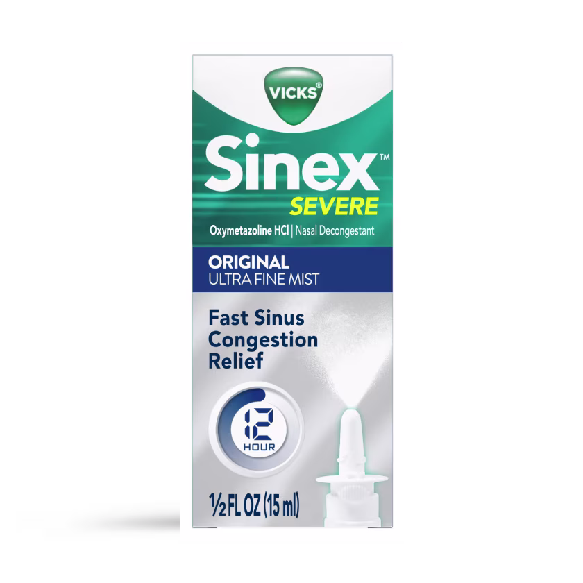 Vicks Sinex Severe nasal decongestant packaging showing Original Ultra Fine Mist formula for fast sinus congestion relief, 15ml bottle.