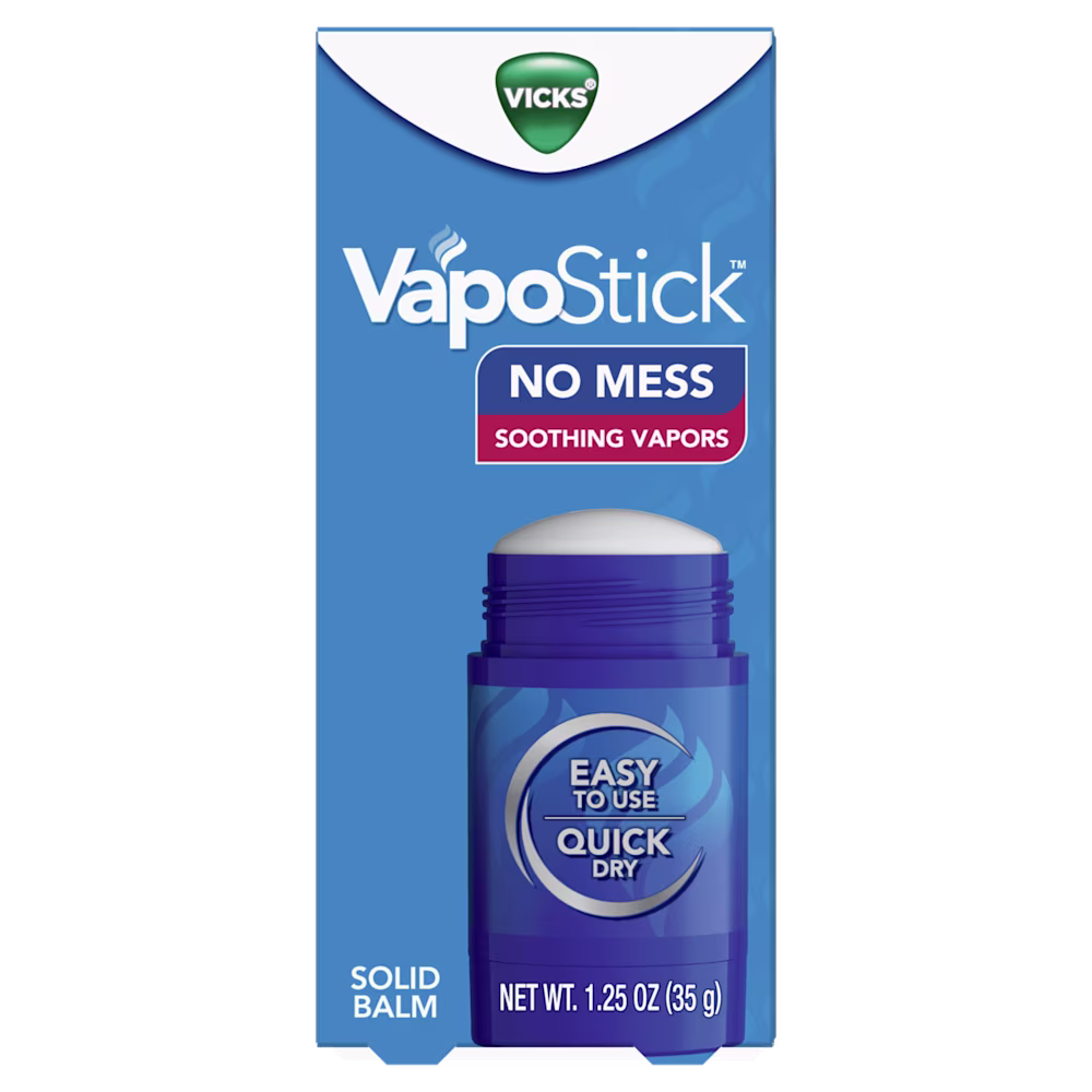 Vicks VapoStick product packaging showing a blue solid balm with "No Mess" and "Soothing Vapors" features, 1.25 oz size.
