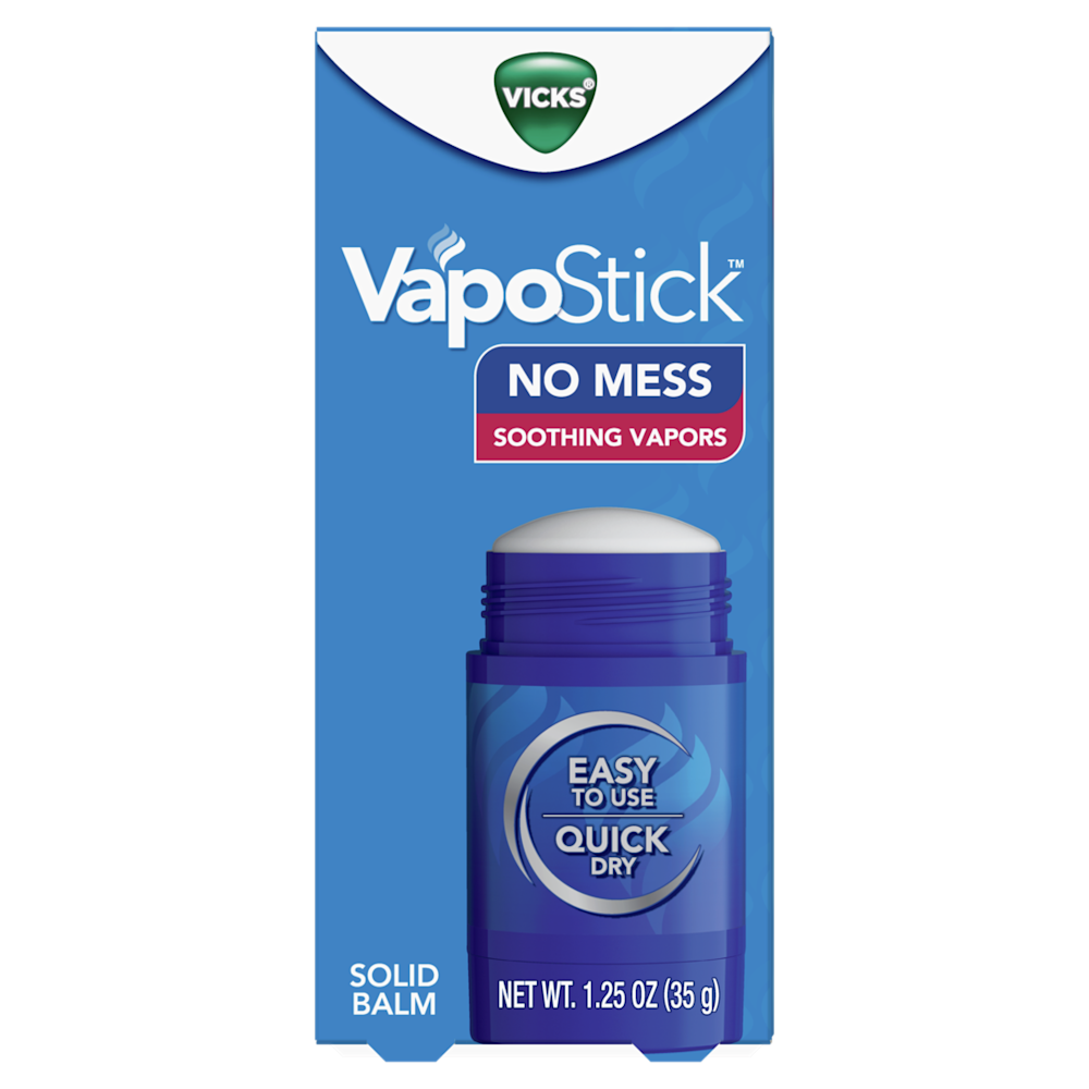 Vicks VapoStick product packaging showing a blue solid balm with "No Mess" and "Soothing Vapors" features, 1.25 oz size.