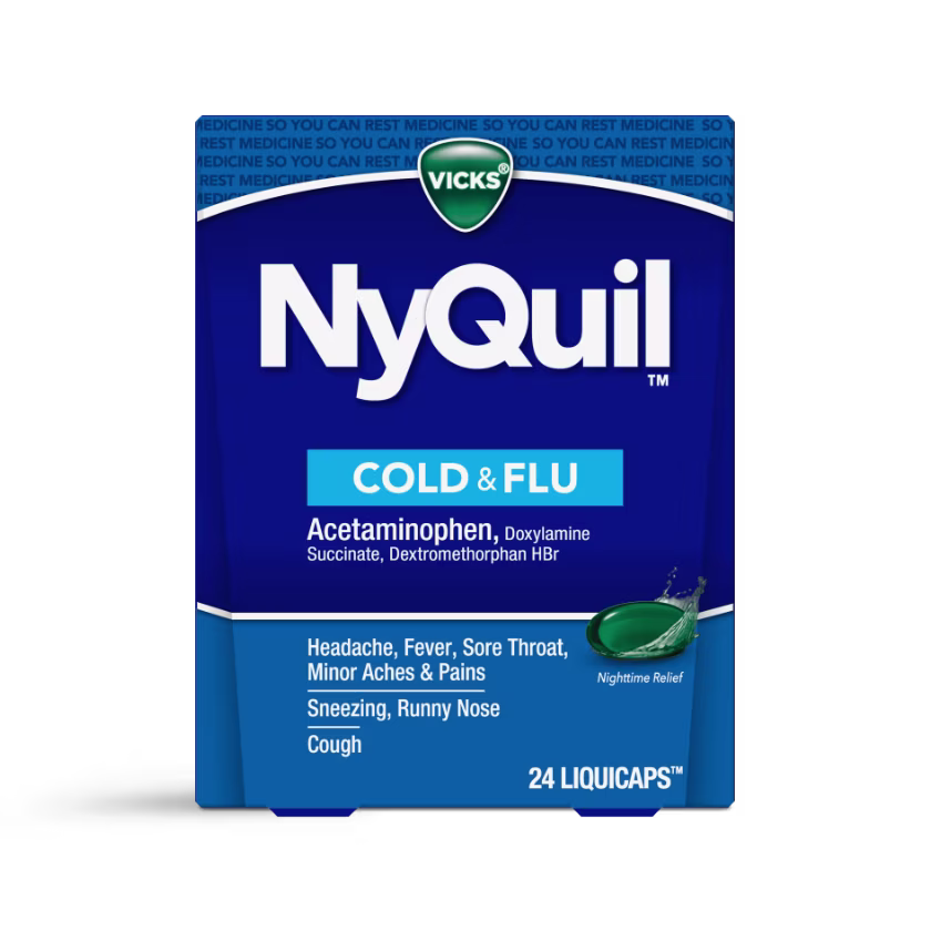 Vicks NyQuil Cold & Flu medicine package showing 24 liquicaps for nighttime relief of cold symptoms.