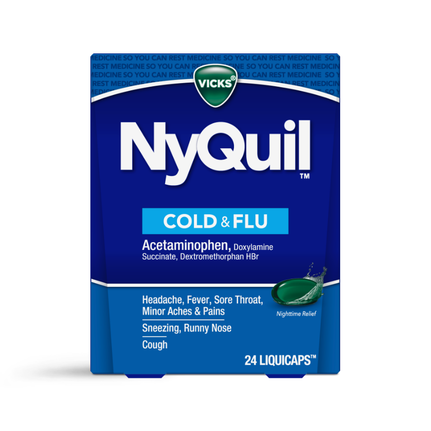 Vicks NyQuil Cold & Flu medicine package showing 24 liquicaps for nighttime relief of cold symptoms.