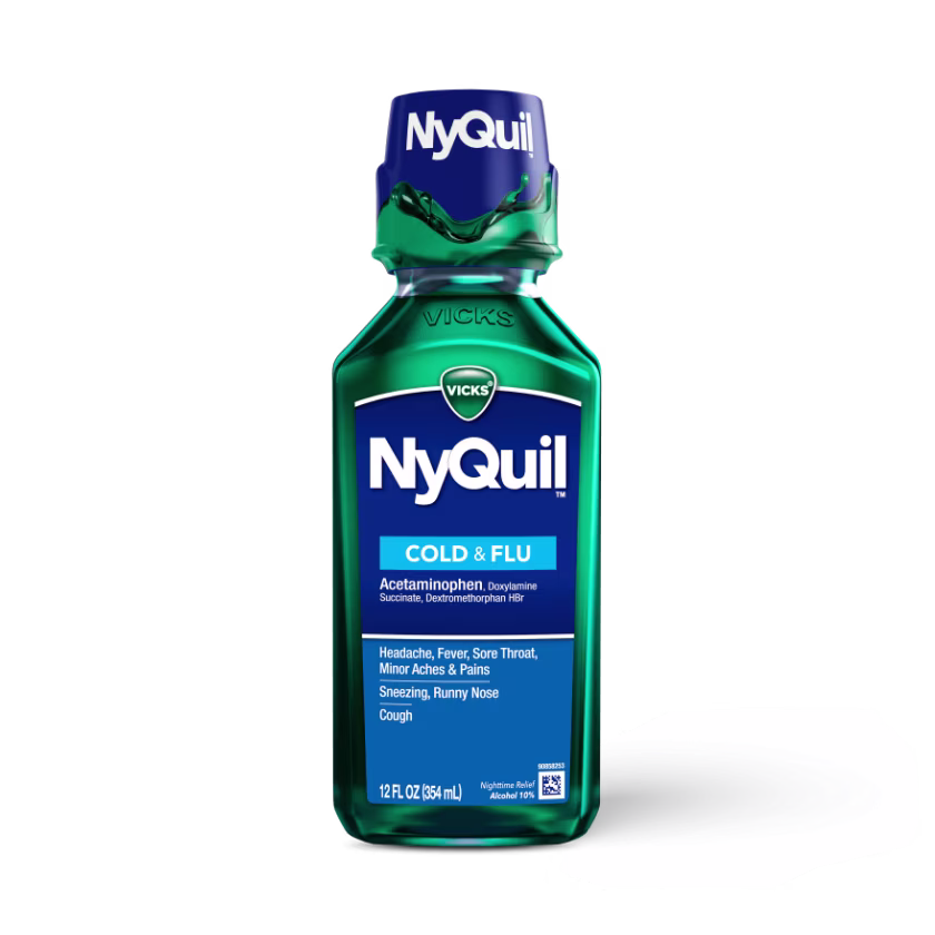 Bottle of Vicks NyQuil Cold & Flu liquid medicine in green container with blue cap and label, 12 fl oz.