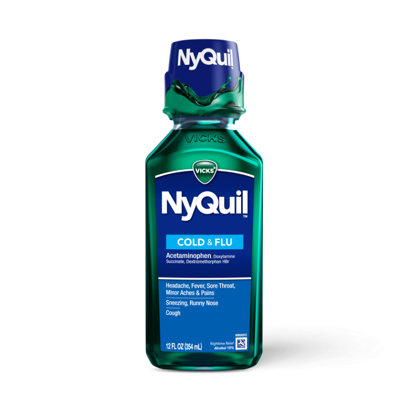 Bottle of Vicks NyQuil Cold & Flu liquid medicine in green container with blue cap and label, 12 fl oz.