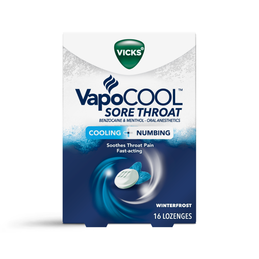 Vicks VapoCOOL Sore Throat lozenges package in blue, featuring cooling and numbing relief, Winterfrost flavor, 16 count.
